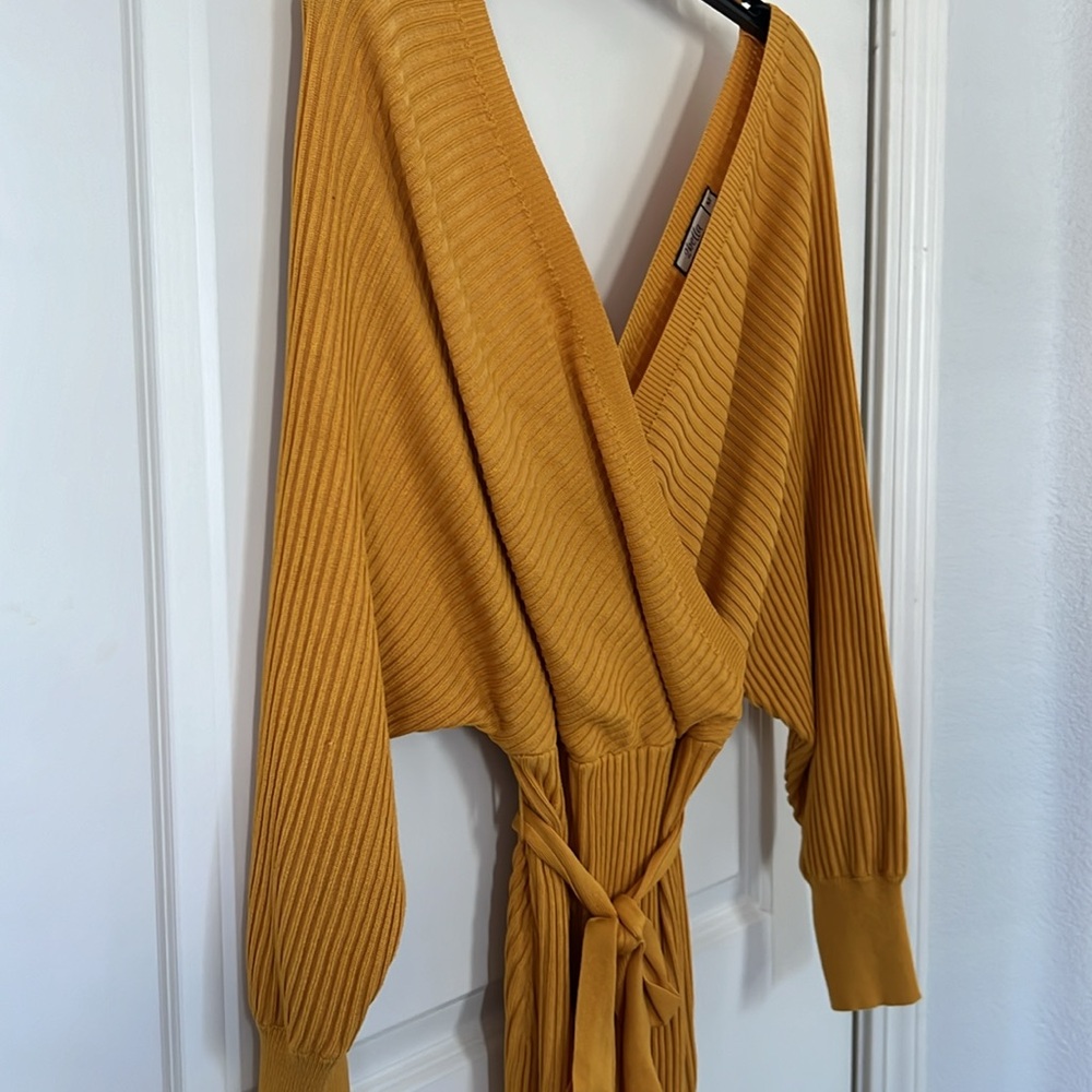 Mustard yellow stretchy cinched waistline v neck  ribbed knit sweater dress - Picture 5 of 5
